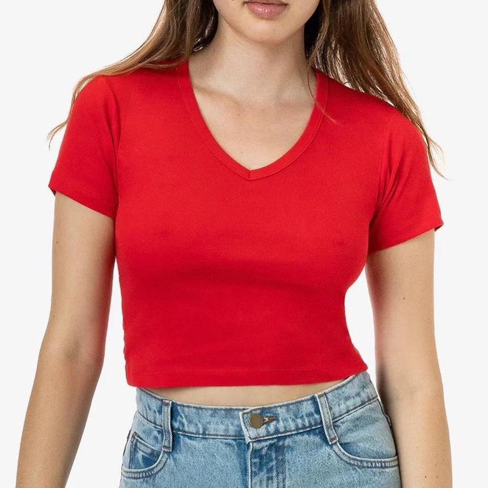 Los Angeles Apparel Red BABY RIB SHORT SLEEVE V-NECK CROP TEE